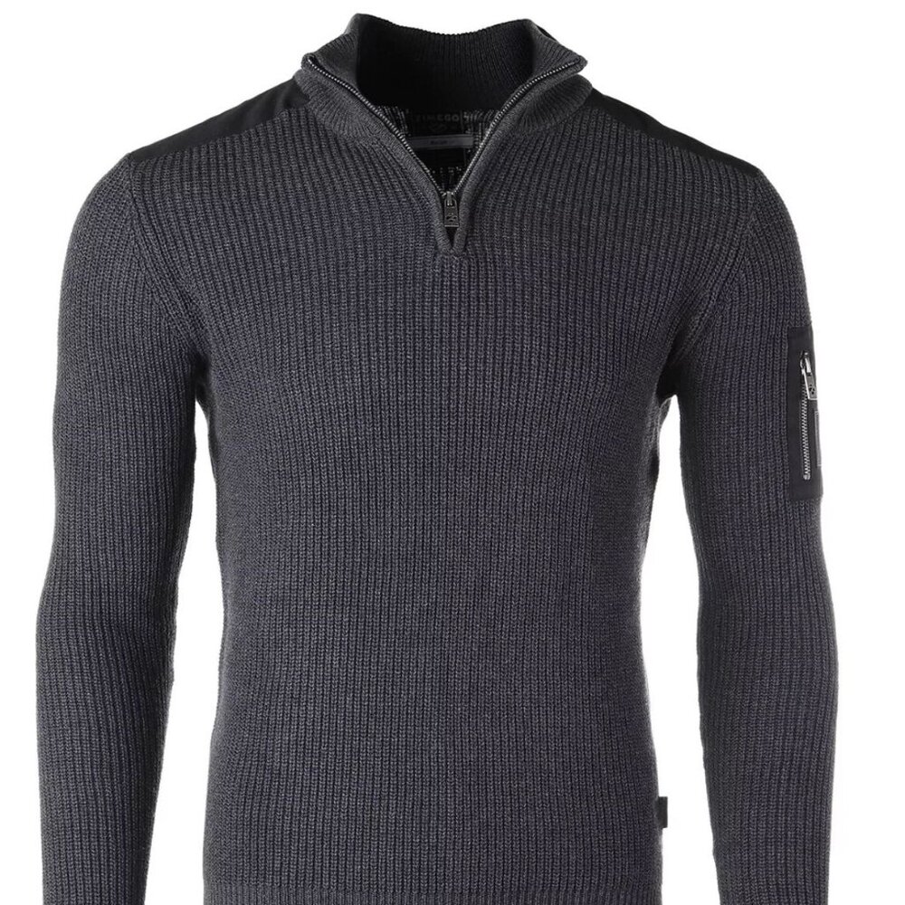 Zimego‎ Mens Gray Ribbed Half-Zip Cotton Sweater  Shoulder Accents & Arm Pocket